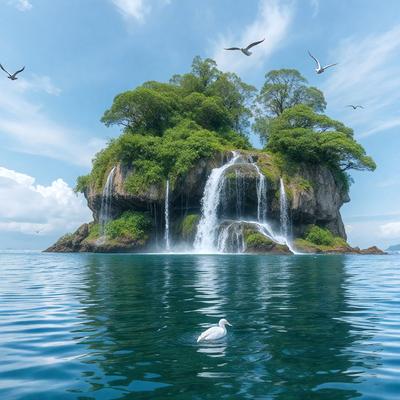 The primary subject of the image is a large island with a waterfall, surrounded by a blue ocean. The island is covered in lush greenery, and there are several birds flying around it. The setting is a serene and picturesque environment, with the waterfall adding a sense of natural beauty to the scene. The visual style of the image is a combination of photo and digital art, creating a realistic yet artistic representation of the island and its surroundings. The colors and mood of the image are predominantly blue